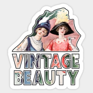 "Vintage Beauty" Edwardian Women in Dresses and Hats Retro Typographic Font Art Sticker